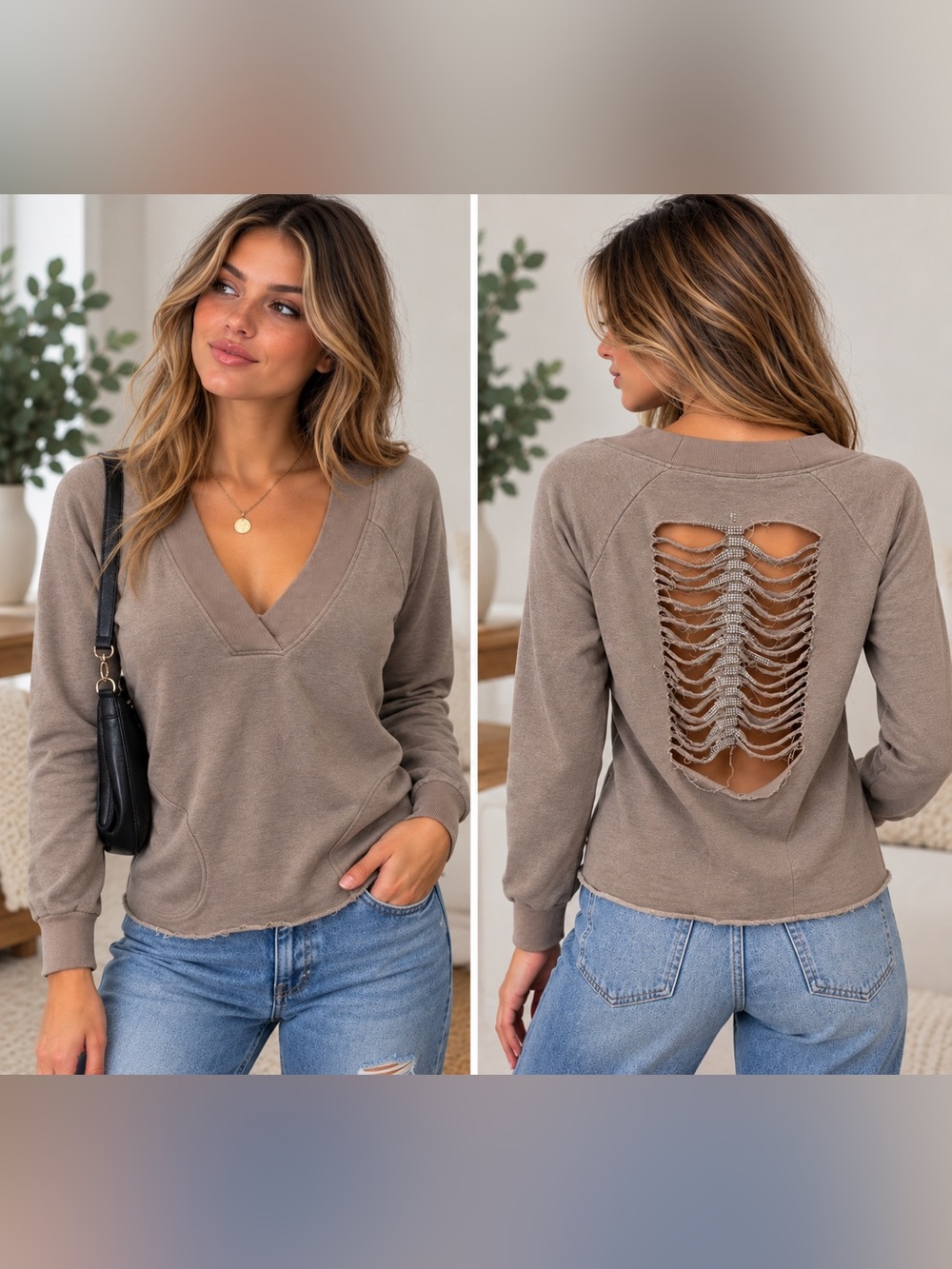 Y2K Vintage Taupe Distressed Rhinestone Cutout Back V Neck Sweatshirt Top